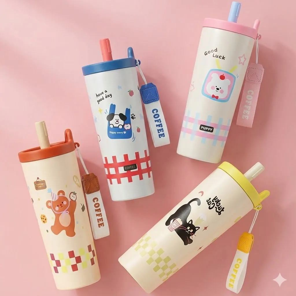 Cute Cartoon Printed Insulated Tumbler with Straw and Carry Strap